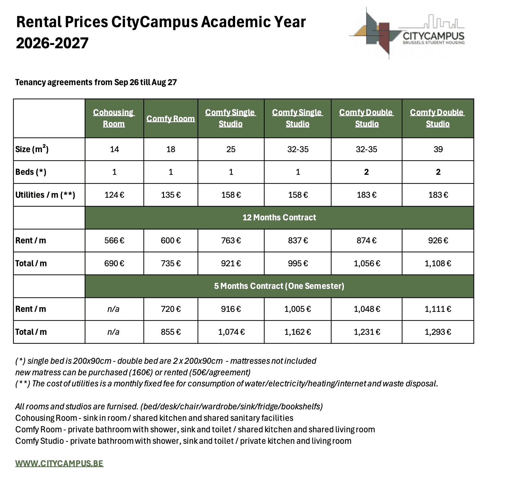 CityCampus room and studio price list for the 2026–2027 academic year